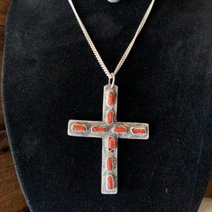 Rustic Silver and Red Coral Cross